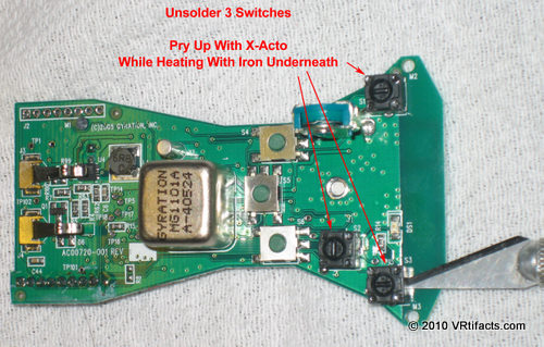 Unsolder these 3 black switches by prying from the top and unsoldering one side, then the other from the bottom.