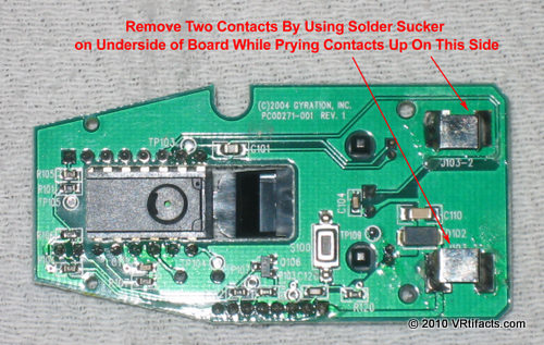 Head over to the little circuit board. Remove the battery charger contacts by using a solder sucker to remove excess solder, then prying each side up while heating with a soldering iron.