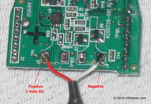 Detail of the power connections. 3 to 4 volts DC will work. I mark the positive side on the PCB with a felt tip pen.